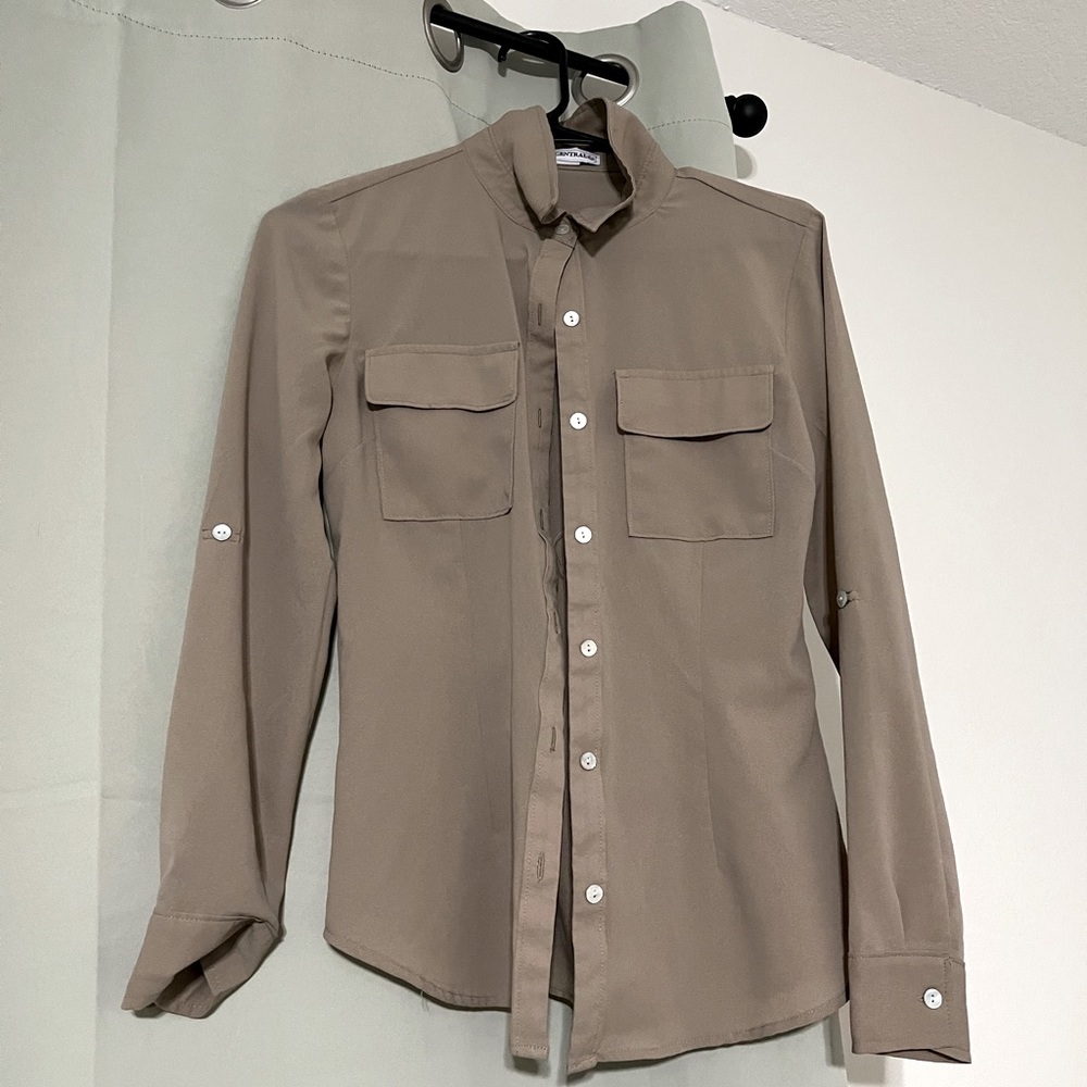 Business casual button up long sleeve shirt. Tan. Size small from body central